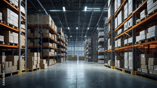 a modern, futuristic warehouse or storage facility. The scene is filled with neatly organized shelves stacked with boxes, and there seems to be a digital overlay or augmented reality interface 
