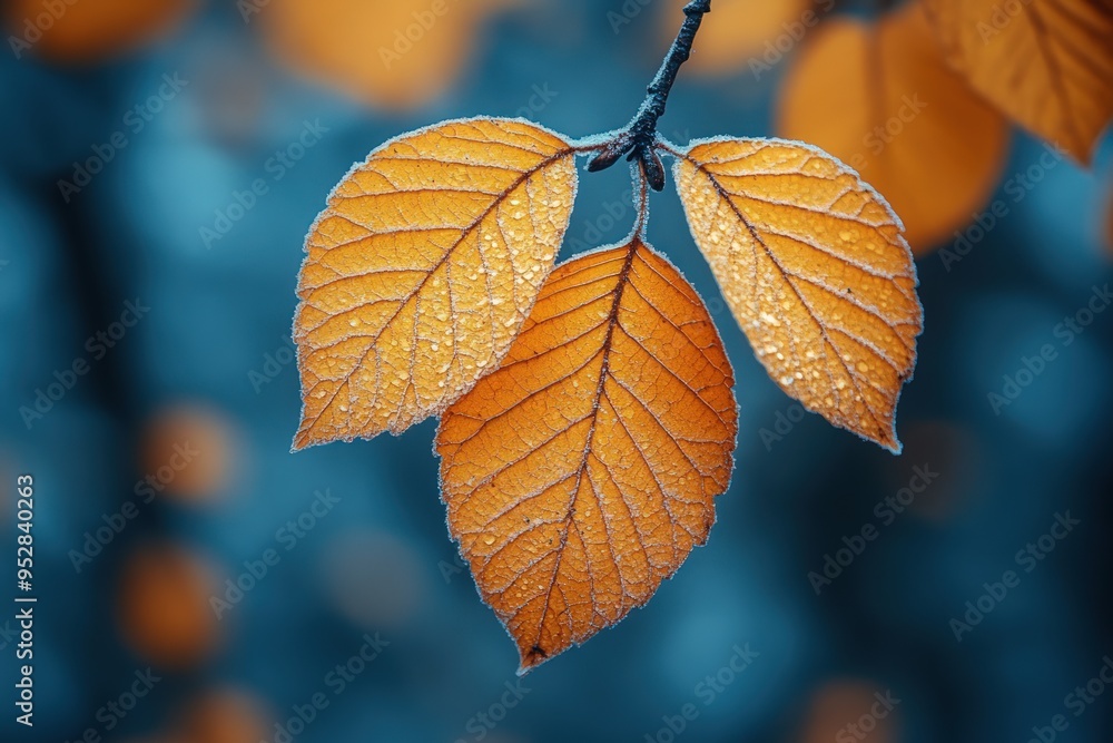 A close-up shot of autumn leaves covered in dew drops against a blurry blue background. A close-up shot of autumn leaves covered in dew drops against a blurry blue background.