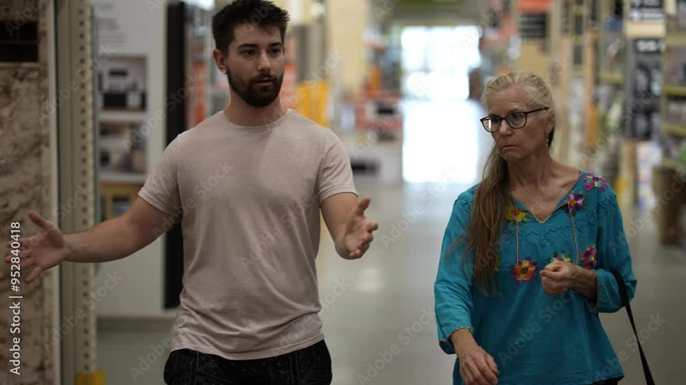 Builder man and client mature woman walk in a large big box hardware store. Builder man and client mature woman walk in a large big box hardware store.