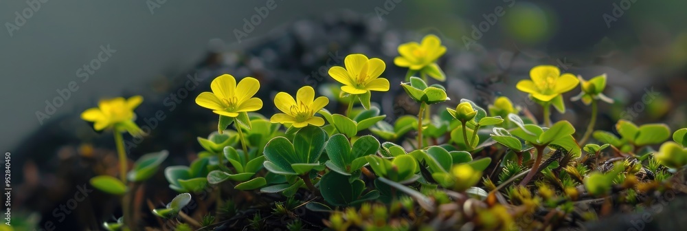 Delicate yellow blooms of creeping woodsorrel representing the onset of spring and the beginning of new seasons with their charming petite features. Delicate yellow blooms of creeping woodsorrel representing the onset of spring and the beginning of new seasons with their charming petite features.