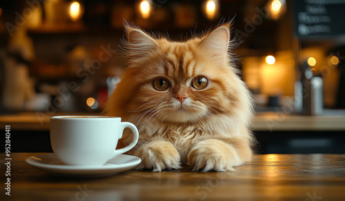 A cat is sitting on a table next to a white coffee cup. The cat is looking at the camera with a curious expression