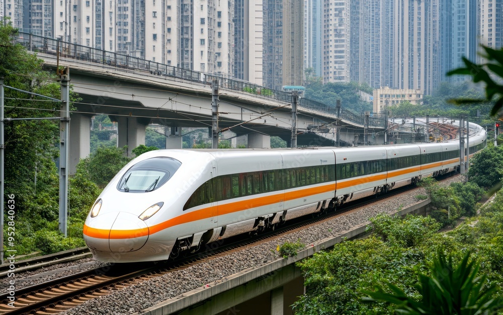 Naklejka premium High-speed modern train in motion against the backdrop of an urban cityscape