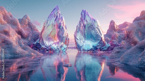 Escapism aesthetic  background. Abandoned crystal mountains and mirrored water lake scene. Sunset soft light. Surrealism atmospheric installation of magic chrome spheres. Loneliness escape feeling. photo