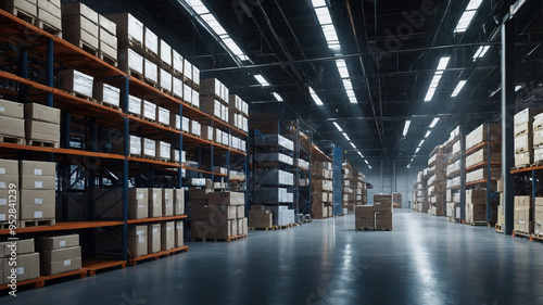 Wallpaper Mural warehouse or storage facility. The scene is filled with neatly organized shelves stacked with boxes Torontodigital.ca