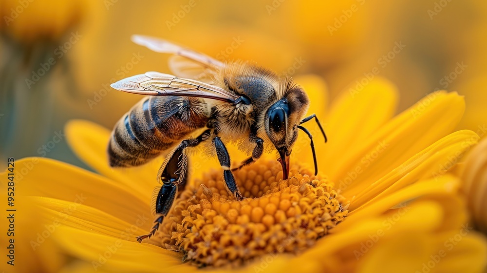 A close-up of a honey bee collecting pollen from a bright yellow flower. A close-up of a honey bee collecting pollen from a bright yellow flower.