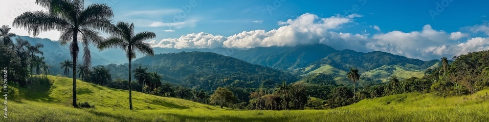 A beautiful mountain range with a clear blue sky and a lush green field A beautiful mountain range with a clear blue sky and a lush green field
