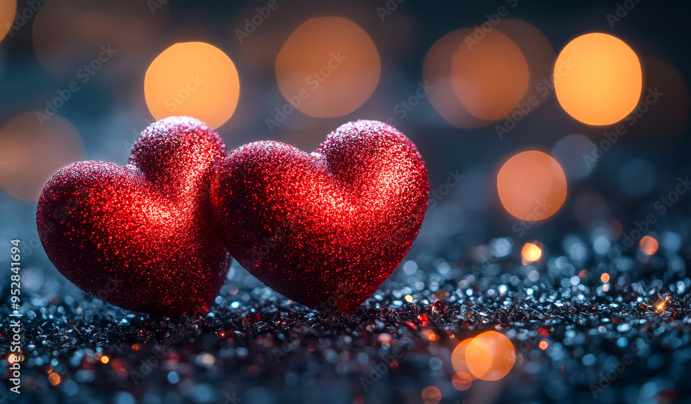Two hearts are placed on a black background with a glittery effect. The hearts are red and appear to be glowing. Scene is romantic and dreamy Two hearts are placed on a black background with a glittery effect. The hearts are red and appear to be glowing. Scene is romantic and dreamy