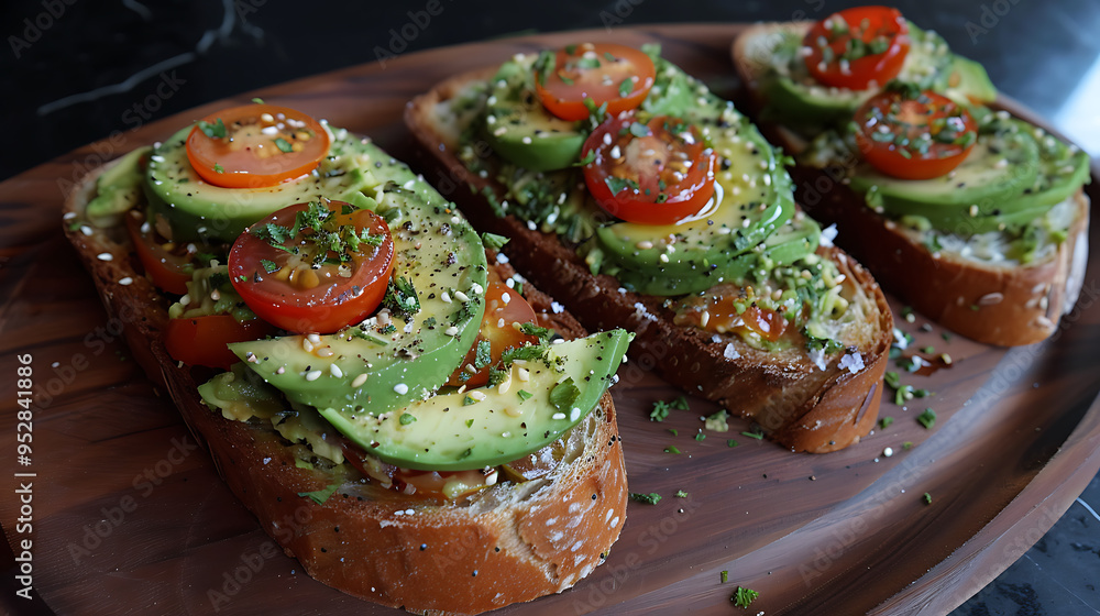 three slices of avocado toast arranged on an oval wooden platter. Each slice is topped with sliced avocado, halved cherry tomatoes