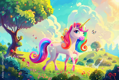 Magical unicorn with rainbow mane and tail prancing in a vibrant fantasy landscape with lush greenery and colorful sky photo