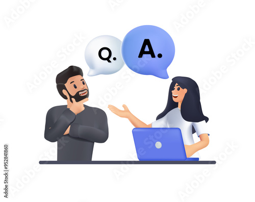 Q and A texts and men and women. QnA. FAQ, frequently asked questions concept. Helpline. 3D style vector design illustrations