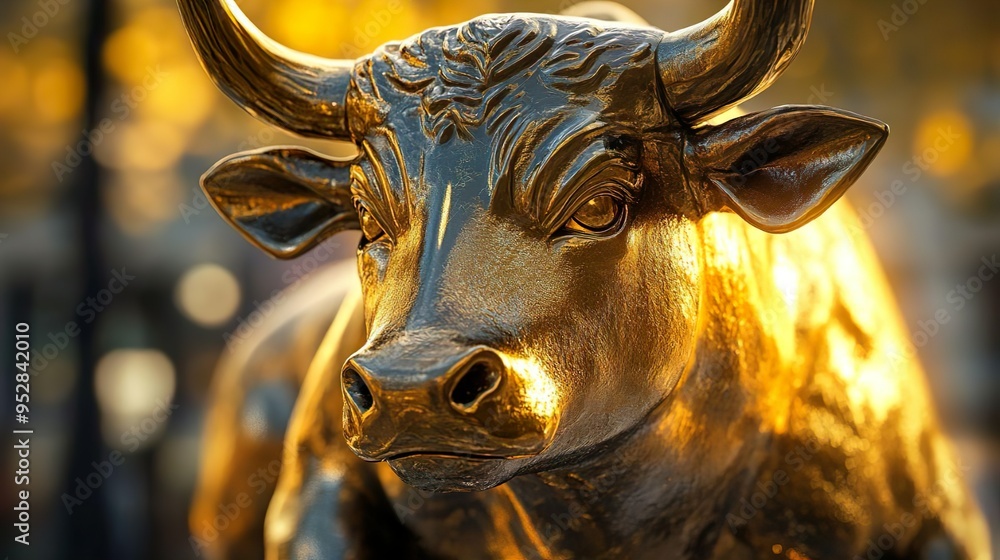 Luxurious gold bull statue embellished with stock market symbols Luxurious gold bull statue embellished with stock market symbols