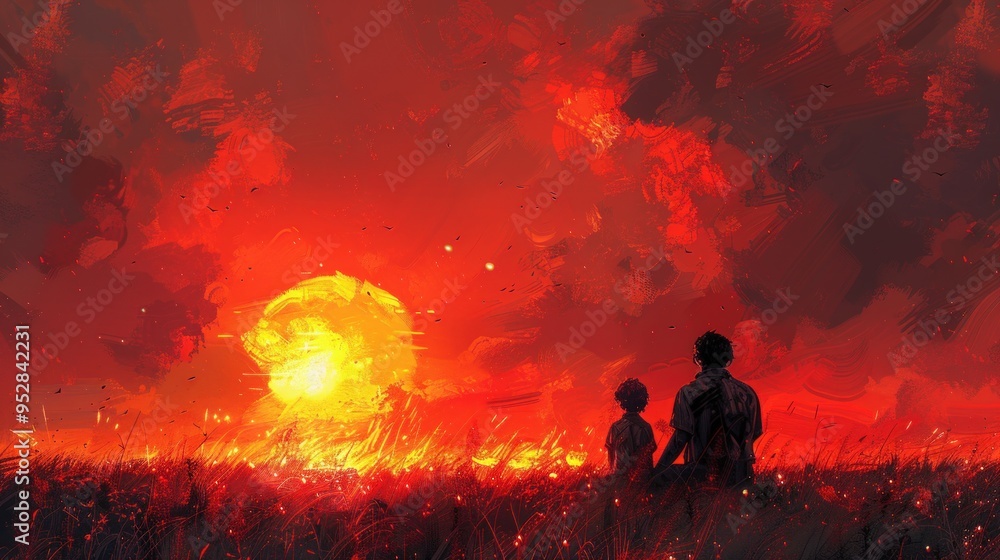 A pair of silhouettes, a man and a child, watch the breathtaking sunset ablaze with fire-like colors. A pair of silhouettes, a man and a child, watch the breathtaking sunset ablaze with fire-like colors.
