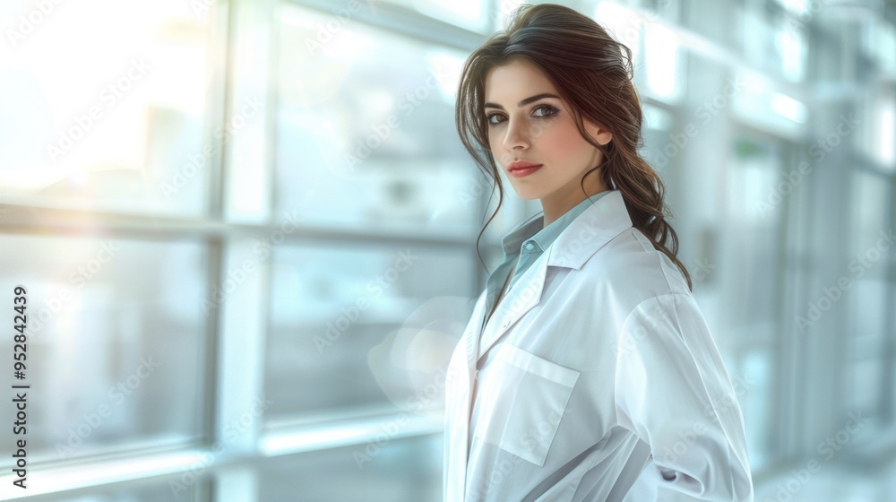 A beautiful young woman doctor with long hair in a white coat stands in a bright hospital room, hands in her pockets, looking straight at the camera, capturing the essence of dedication and care. A beautiful young woman doctor with long hair in a white coat stands in a bright hospital room, hands in her pockets, looking straight at the camera, capturing the essence of dedication and care.