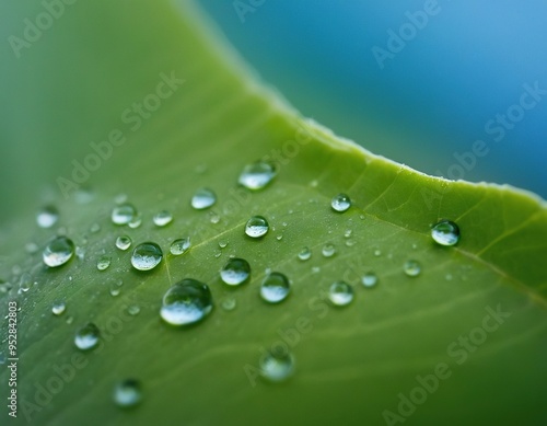 Close-up of dew drops on a green leaf against a blue sky.