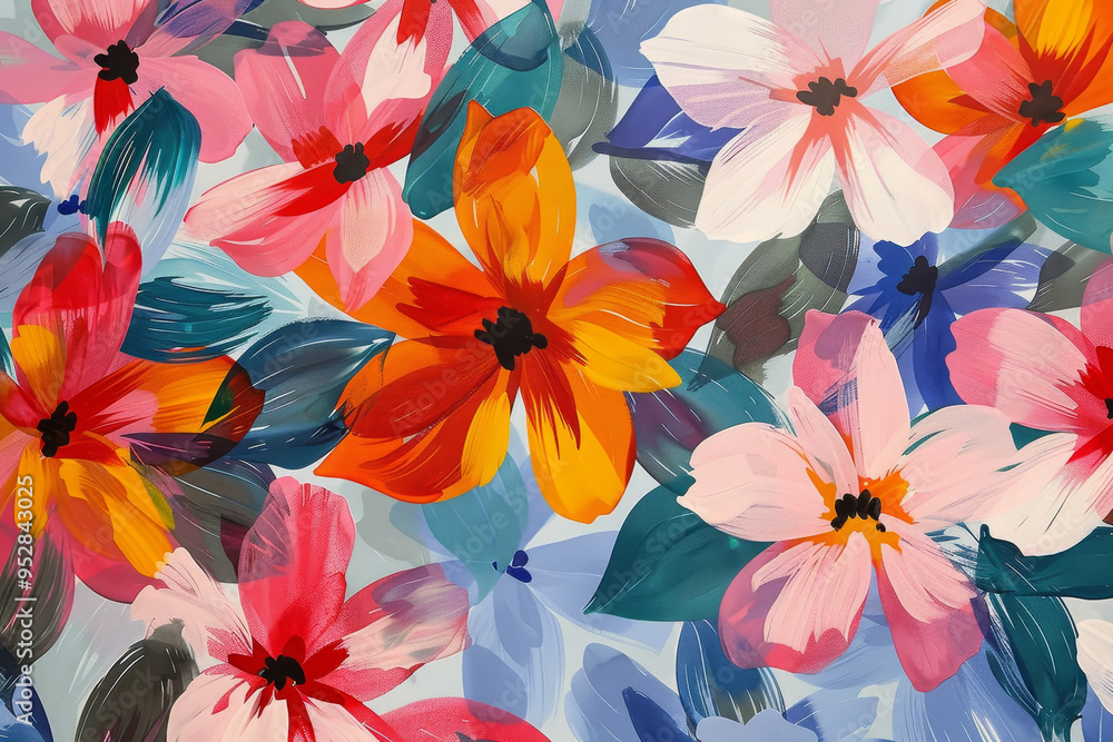 A painting of a field of flowers with a blue sky in the background A painting of a field of flowers with a blue sky in the background