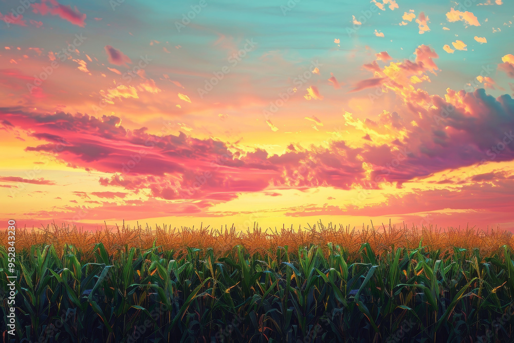 A field of corn is shown with a beautiful sunset in the background A field of corn is shown with a beautiful sunset in the background