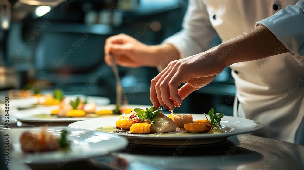 gourmet chef in a modern kitchen, carefully placing the final touches on a plated dish, showcasing the craftsmanship of fine dining gourmet chef in a modern kitchen, carefully placing the final touches on a plated dish, showcasing the craftsmanship of fine dining