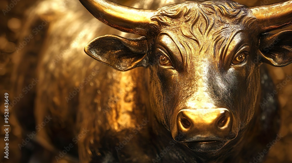 Gold bull sculpture featuring detailed stock market symbols and graphics Gold bull sculpture featuring detailed stock market symbols and graphics