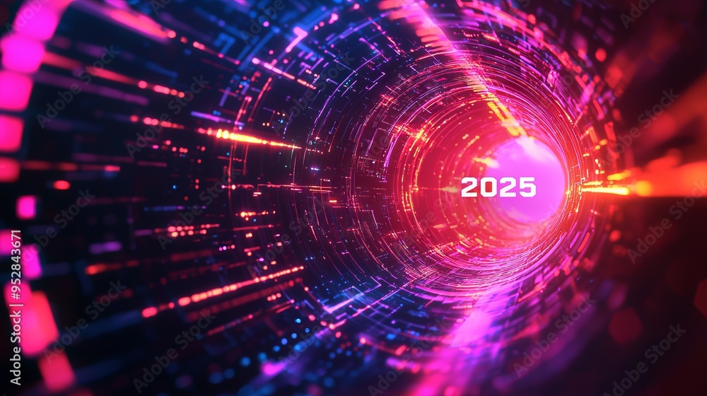 Obraz premium Futuristic 2025 Abstract Background. Dynamic Geometric Shapes with Neon Colors and Light Effects