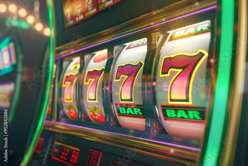 A slot machine with three reels and a bar