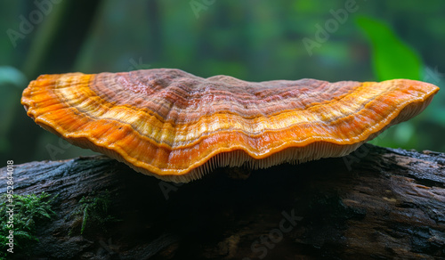 A large mushroom with a brown and orange cap sits on a log. The mushroom is surrounded by green leaves and he is wet