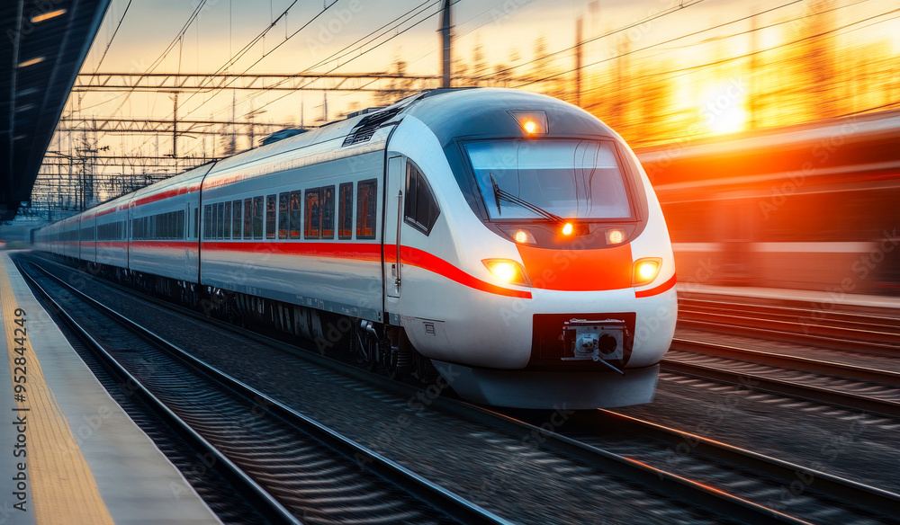 A train is traveling down the tracks with the sun setting in the background. The train is long and sleek, and it is moving quickly. Concept of motion and energy, as well as the beauty of the sunset A train is traveling down the tracks with the sun setting in the background. The train is long and sleek, and it is moving quickly. Concept of motion and energy, as well as the beauty of the sunset