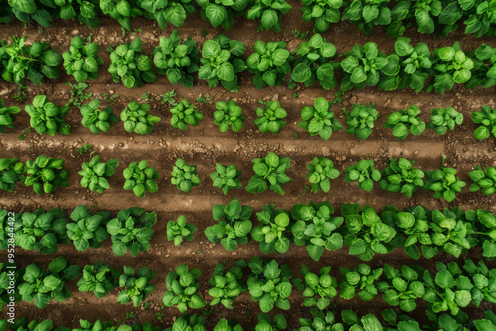 Fototapeta premium A field of green plants with a brown dirt background