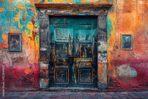 The door is old and rusted, with a black frame