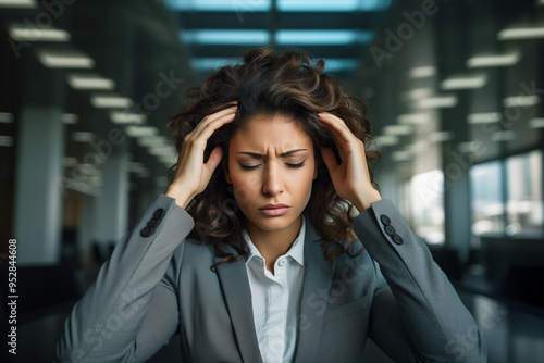 A woman in a business suit holds her head. The concept of the harm of workaholism, difficult tasks, headache.