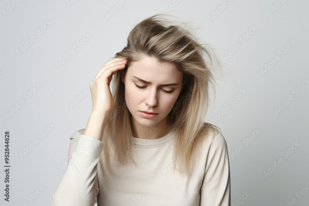 Blonde girl holding her head on a white background. Concept of harm of workaholism, difficult tasks, headache and mental health Blonde girl holding her head on a white background. Concept of harm of workaholism, difficult tasks, headache and mental health