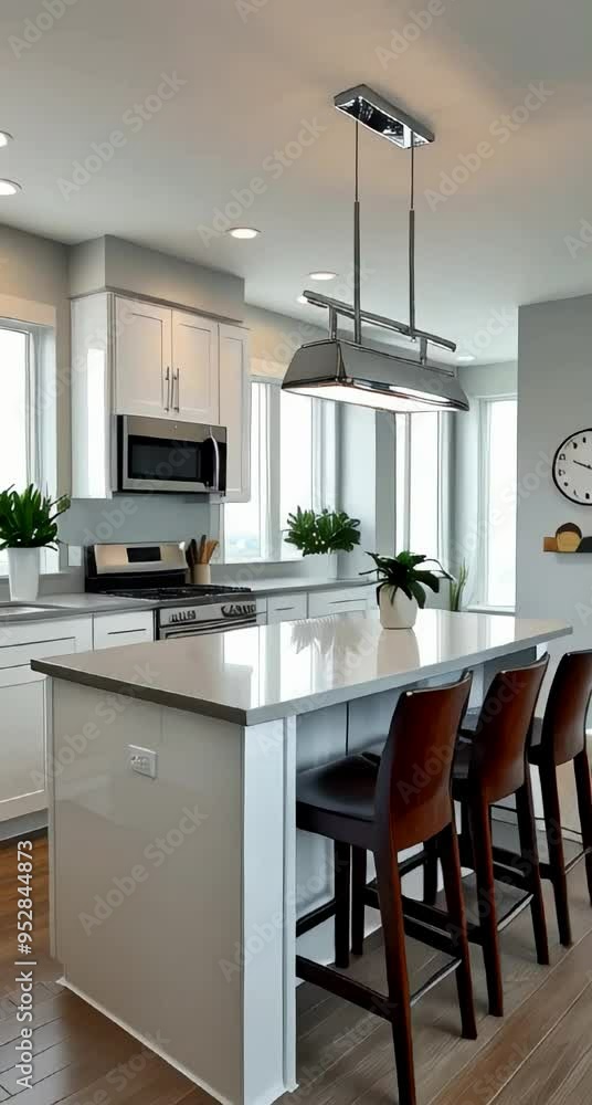 a sleek and modern kitchen with high-gloss white cabinets, quartz ...