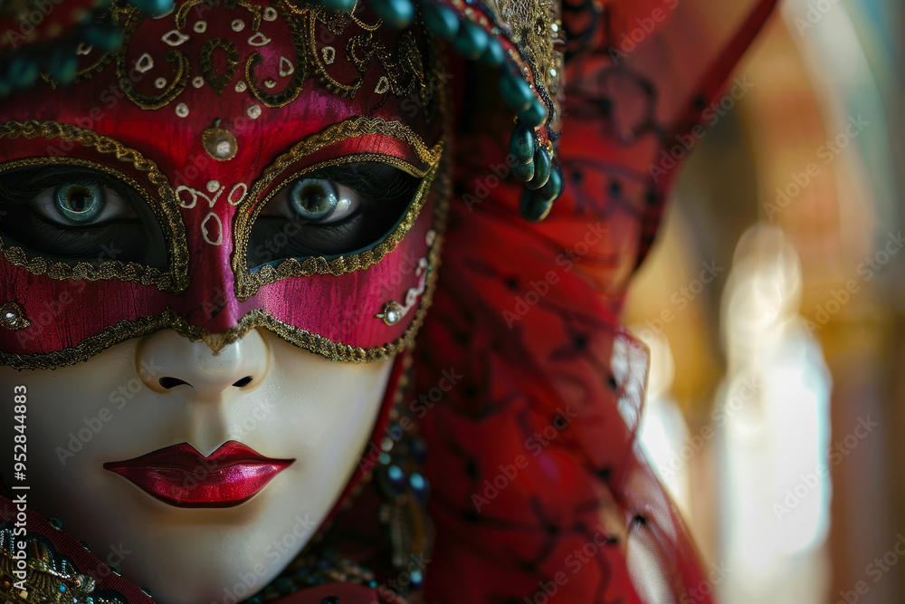 A woman wearing a red mask with gold beads and jewels A woman wearing a red mask with gold beads and jewels