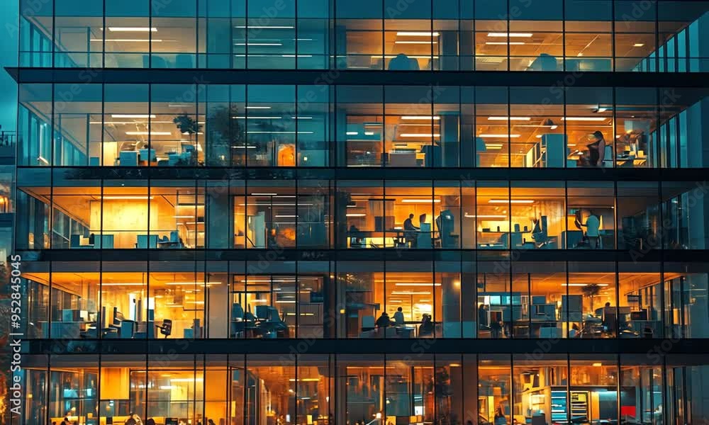 Illuminated modern office building at night with visible interior. Illuminated modern office building at night with visible interior.