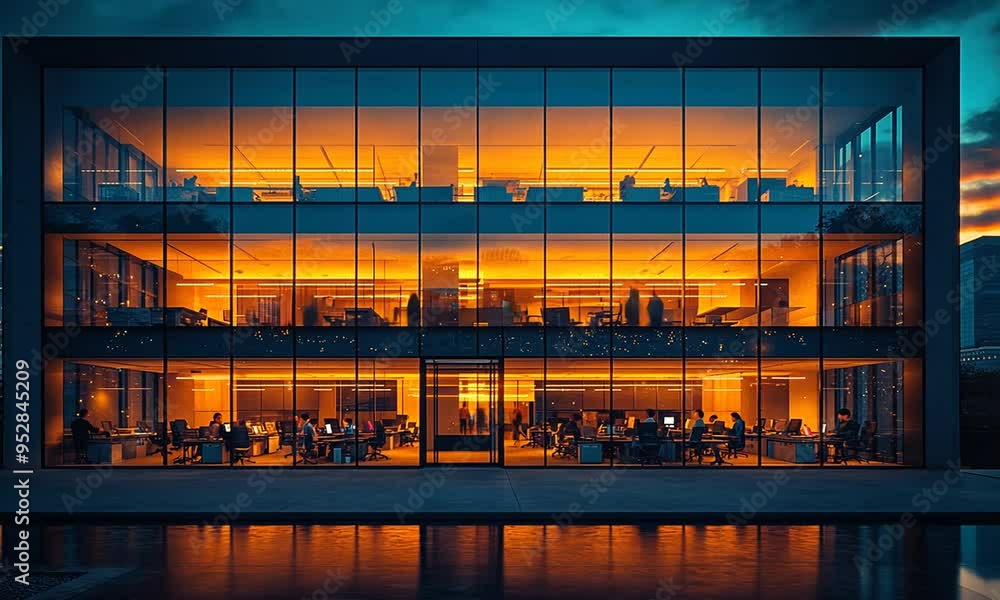 Illuminated Office Building With Workers Inside. Illuminated Office Building With Workers Inside.