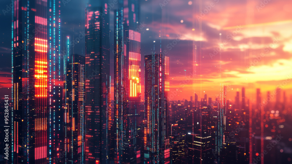 Fototapeta premium Futuristic Cityscape with Glowing Skyscrapers at Sunset