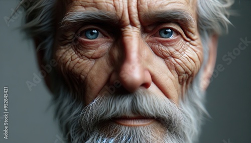 Close-up portrait of a senior man with wrinkles, a white beard and mustache, and piercing blue eyes.