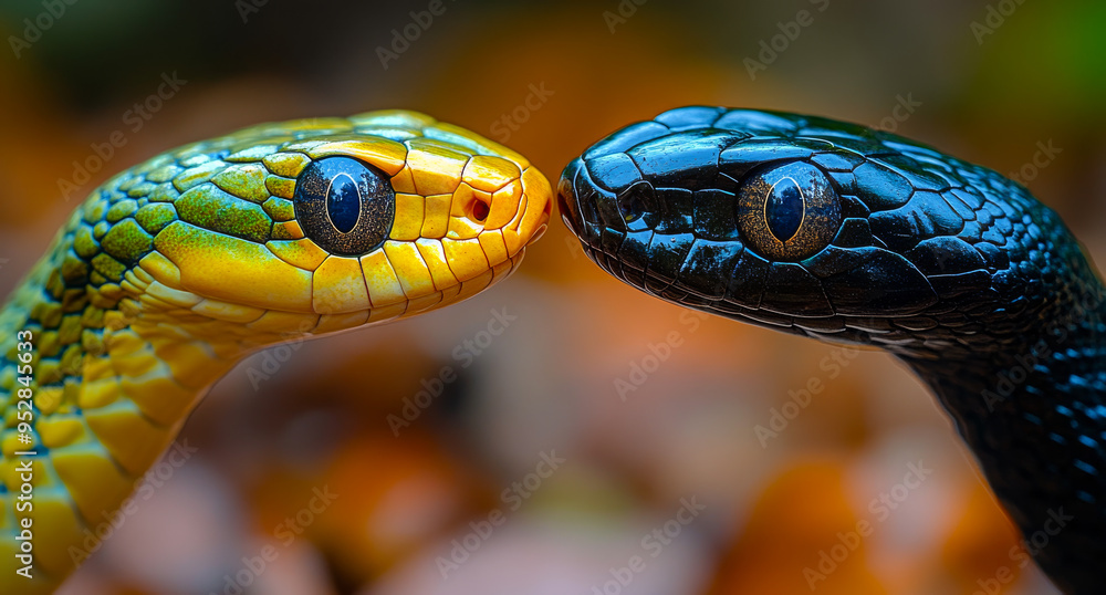 Fototapeta premium Two snakes with one being yellow and the other black. The yellow snake is looking at the black snake