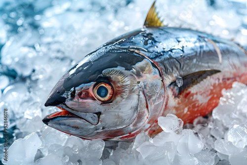 Fresh tuna on ice, photo from the market. International Tuna Day concept template, photo for advertising, menu, copyspace photo