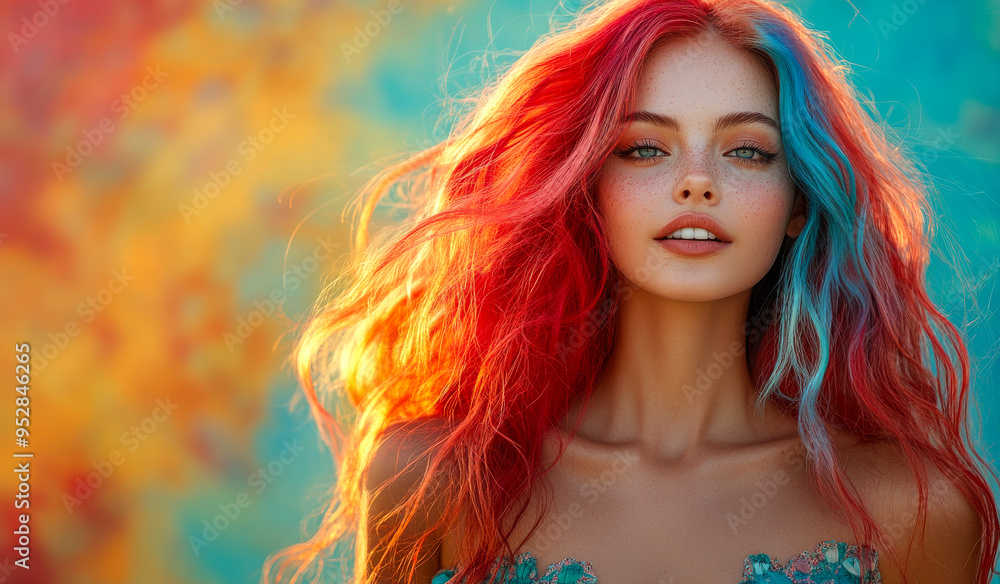 A woman with red, blue, and green hair is smiling. She is wearing a green dress A woman with red, blue, and green hair is smiling. She is wearing a green dress