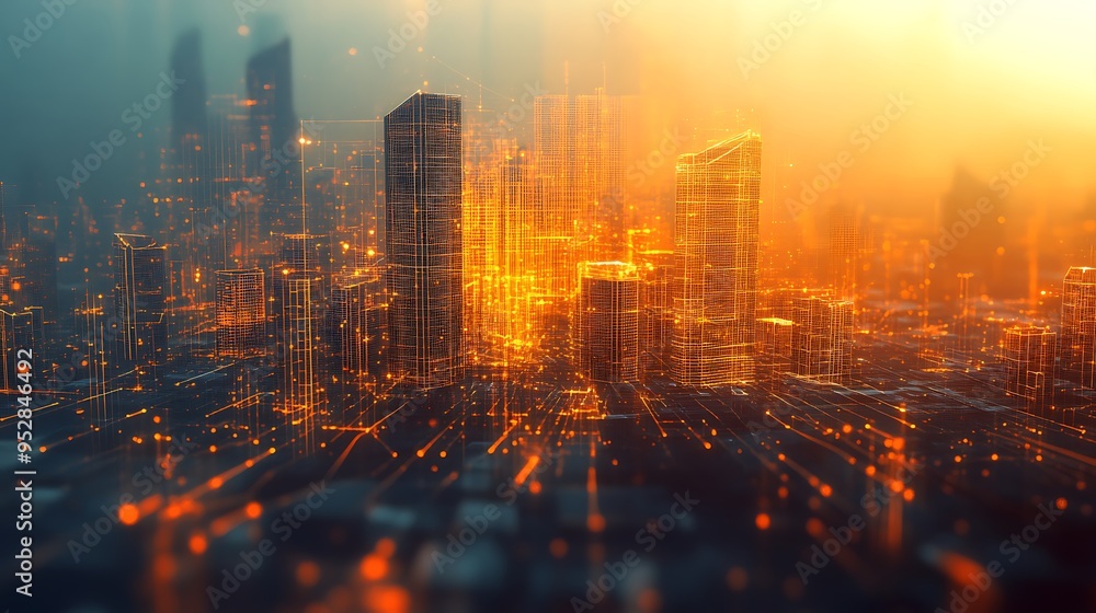 A futuristic city skyline with glowing orange lines A futuristic city skyline with glowing orange lines