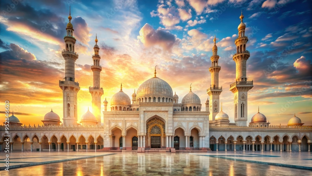 Fototapeta premium Beautiful view of an ornate mosque with domes and minarets , mosque, Islamic architecture, religious building