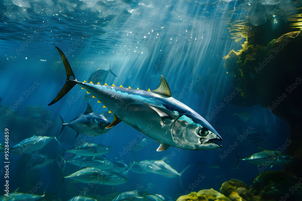 Fish in the ocean, blue water in free swimming. Concept template for international tuna day, advertising, educational photos Fish in the ocean, blue water in free swimming. Concept template for international tuna day, advertising, educational photos