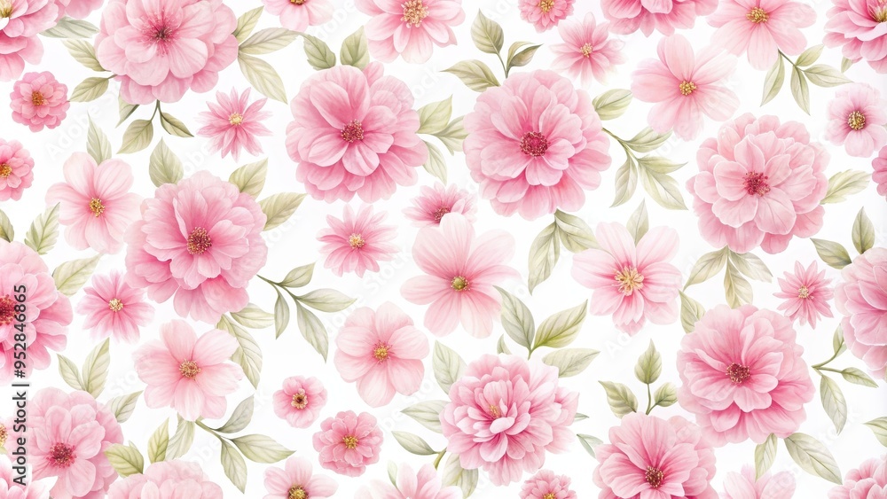 Fototapeta Seamless pattern of delicate pink flowers on a white background, floral, background, spring, design, texture, wallpaper, feminine