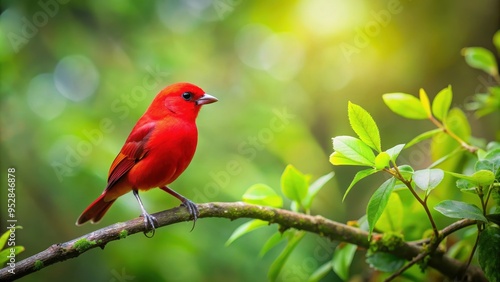 Red bird perched on a leafy branch in a forest , wildlife, nature, red feathers, avian, perching, tree