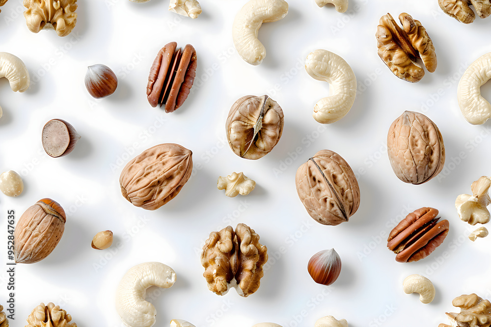 Various nuts are scattered on a white background. Concept design for healthy eating, advertising for snacks, vegetarianism and veganism. Various nuts are scattered on a white background. Concept design for healthy eating, advertising for snacks, vegetarianism and veganism.