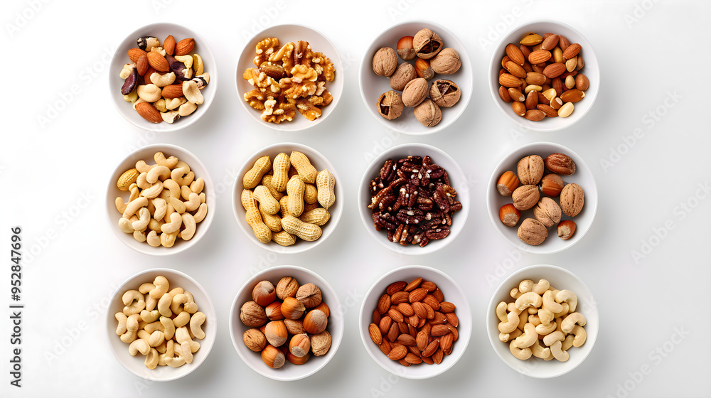 Various nuts in cups on a white background. Concept design banner for healthy eating, advertising for snacks, vegetarianism and veganism. Various nuts in cups on a white background. Concept design banner for healthy eating, advertising for snacks, vegetarianism and veganism.