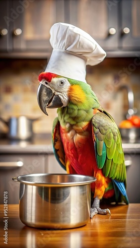 A cute macaw and a white chefs hat. Isolated on a colored background. Studio photo. Tasty and healthy food concept photo