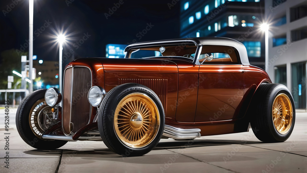 Beautiful unique orange brown vintage hot rod car front view, automotive background, tuning template, wallpaper, auto transport