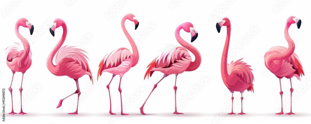 Obraz premium A group of illustrated pink flamingos in various poses on a white background, showcasing their elegance.