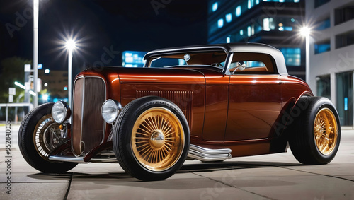 Obraz na płótnie Beautiful unique orange brown vintage hot rod car front view, automotive background, tuning template, wallpaper, auto transport w salonie